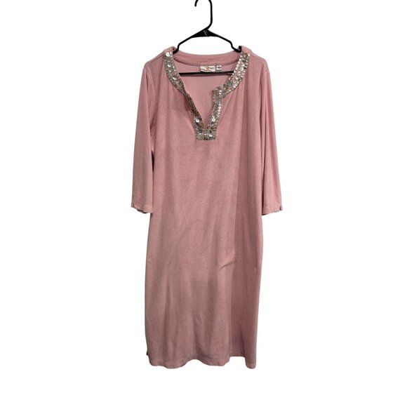 Quacker Factory French Terry Lounge Dress Pink Sz XL Mother Of Pearl Buttons - Picture 1 of 10